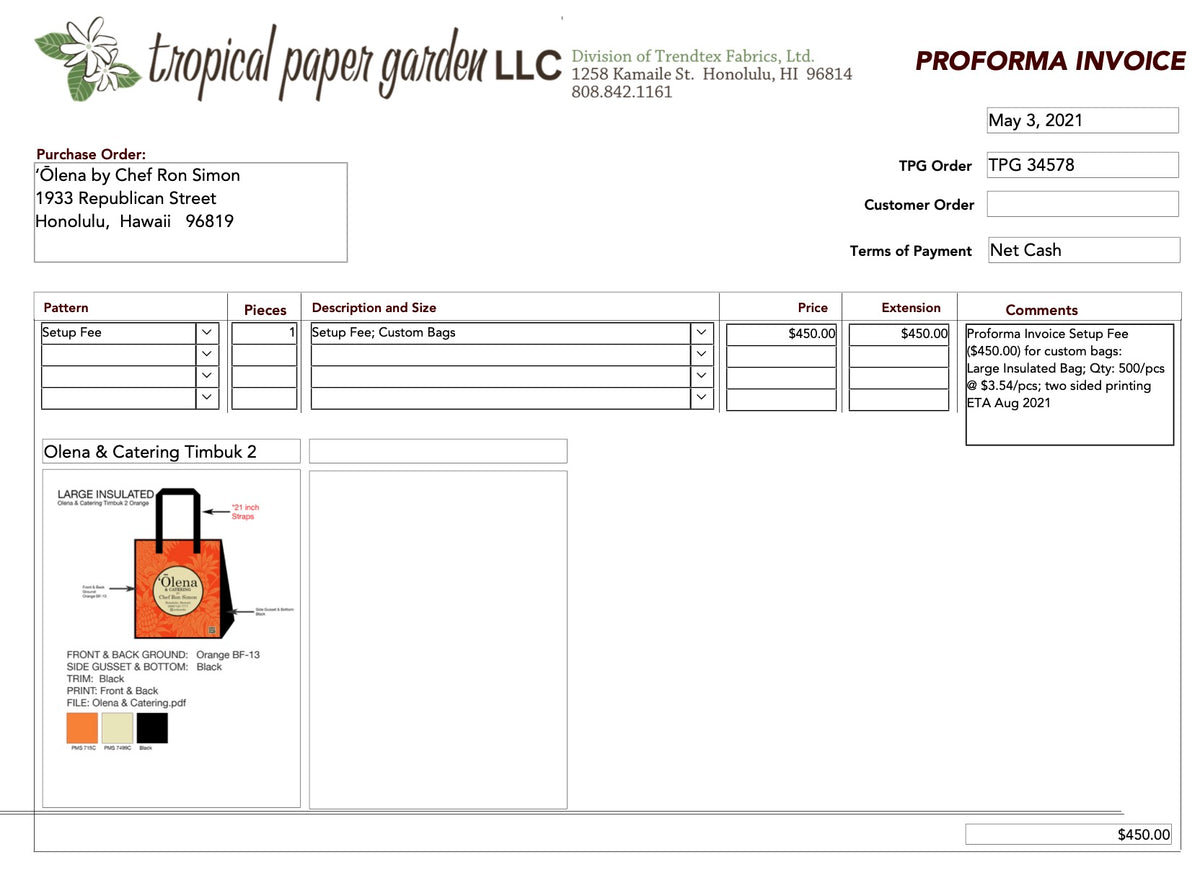 Setup Fee for Custom Bags (Ref: Proforma Invoice TPG3478)